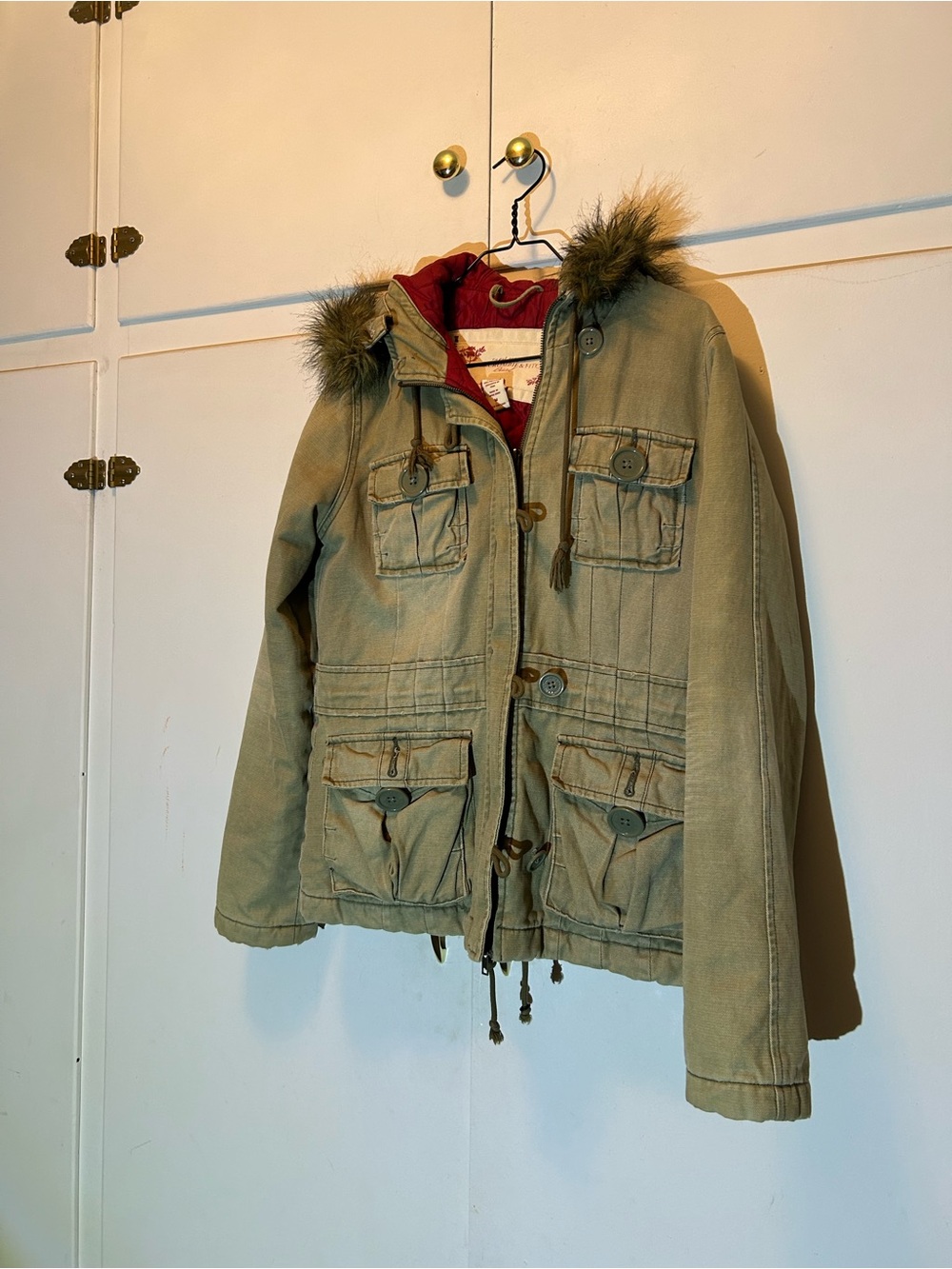 Abercrombie & Fitch Olive Utility Jacket with Red Lining and Faux Fur Hood